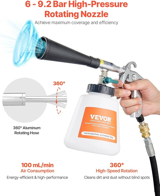 VEVOR Car Cleaning Gun, 6-9.2 Bar High-Pressure Air Blow Gun with 2 Set Nozzles & 1L Liquid Bottle, Vortex Cleaning Gun, Quickly Blasts Dirt and Dust from Surface, Suitable for 1/4 NPT Air Compressor