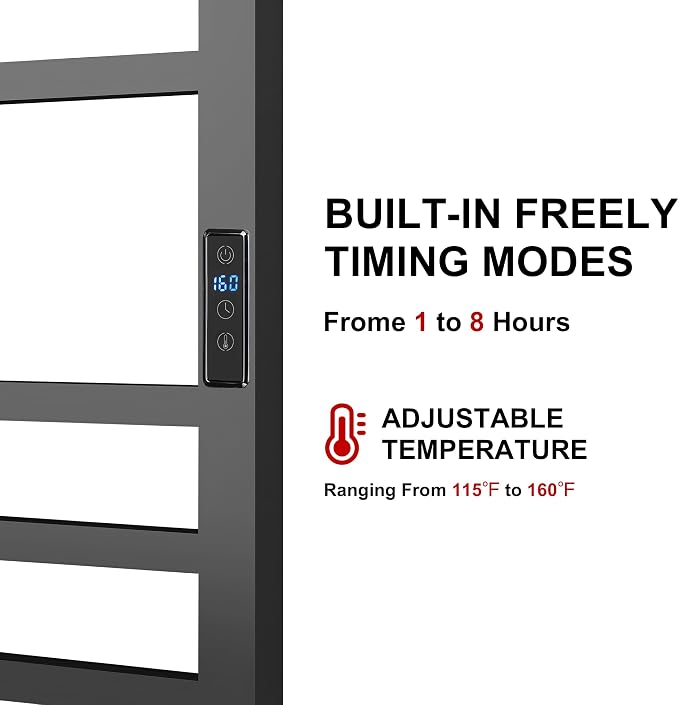 Heated Towel Racks for Bathroom, Wall Mounted Electric Towel Warmer Racks with Timer & Temperature Control, 10 Bar Stainless Steel Towel Heater for Bathroom, Matte Black, Plug-in