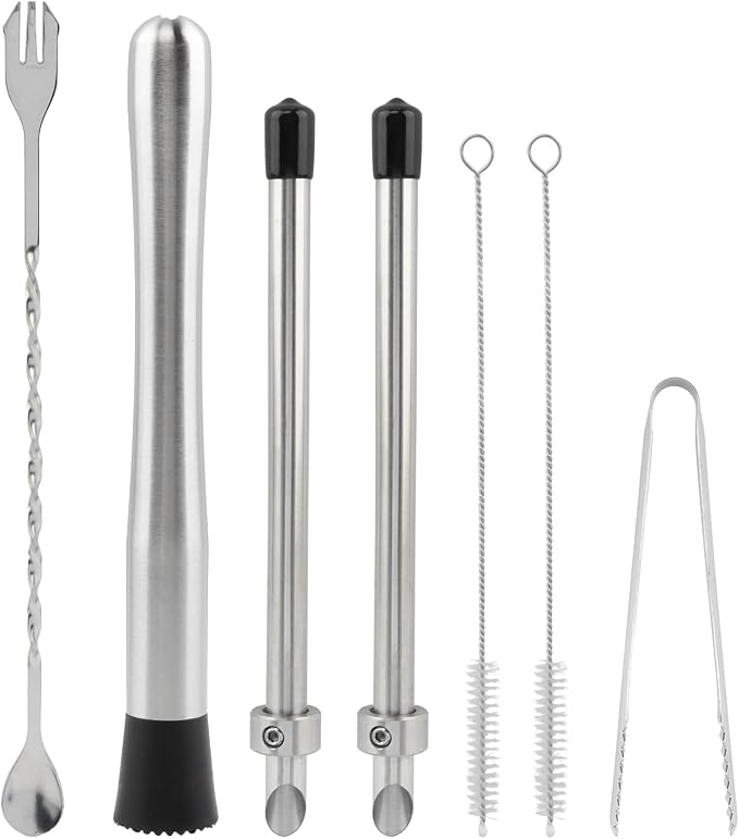 7PCS Straw Hole Puncher Set,2pcs Straw Puncher for Lemonade Plastic Lids Cups,& Cocktail Muddler for Lemonade Mixing Rod Spoon,Ice Tweezers,2pcs Brush,for Lemonade Stands Supplies
