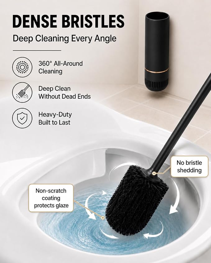 Toilet Brush Set, Dense Nylon Bristles, Wall Mount, Non-Scratch, Black Gold | 16.5" Handle,Splash-Proof,Odor-Locking Lid ,Ventilated Base,Hideaway Brush Head,Thick ABS,2 Adhesive