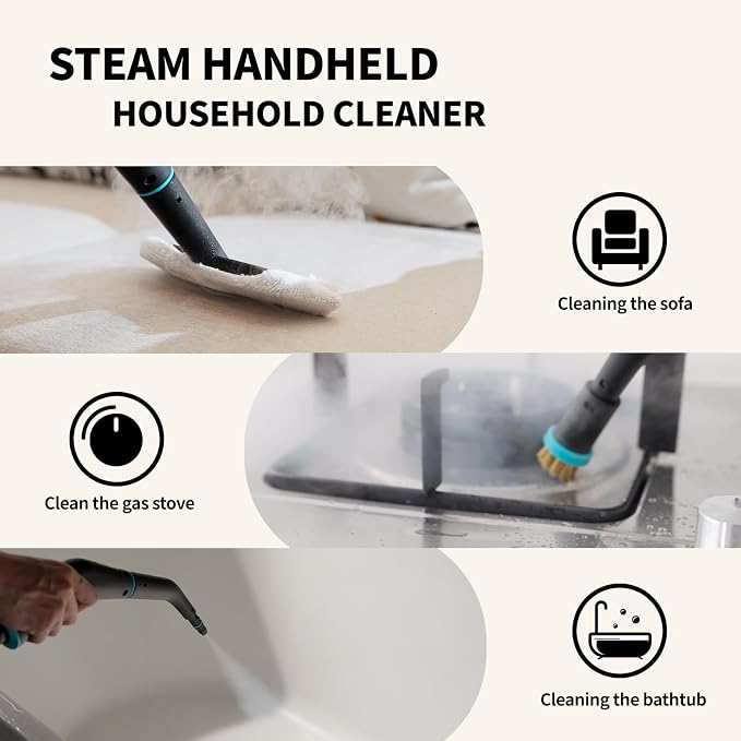 Heapsion Steam Cleaner, Steamer for Cleaning with 15s Fast Heat-Up, 6 Adjustable Levels, 12-Piece Accessories, 1500W Portable Steam Cleaner for Grout, Tiles, Kitchen, Car Detailing, Black and White
