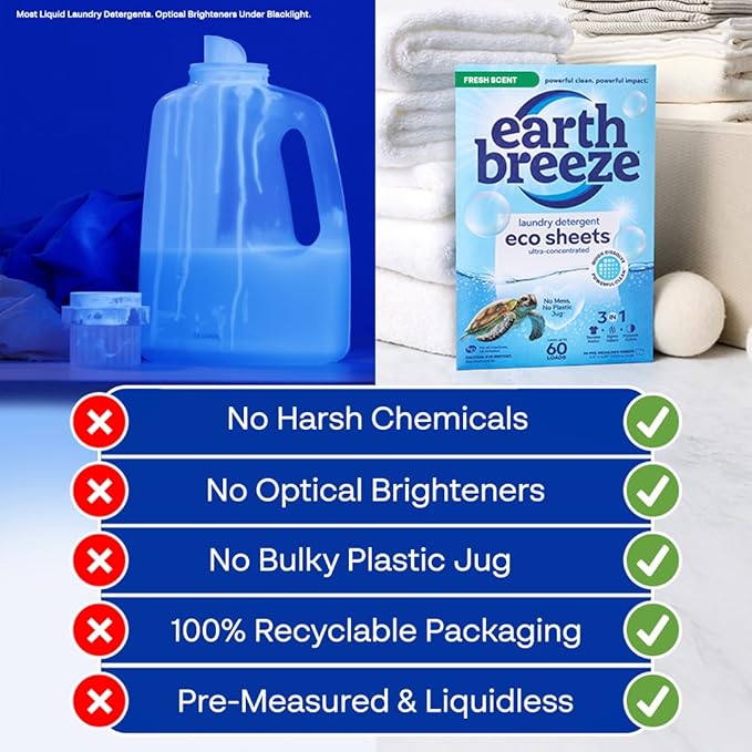 Earth Breeze Fresh Scent Laundry Detergent & Lavender Dryer Sheets Bundle – 3PK Laundry (180 Loads) + 2PK Dryer Sheets (240 Loads) – Made in USA, Hypoallergenic