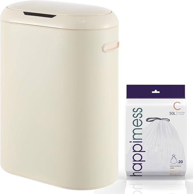 happimess HPM1016D Robo Kitchen 13.2-Gallon Slim Oval Motion Sensor Touchless Trash Can with Touch Mode, Fingerprint Resistant, Modern, Minimalistic for Kitchen, Office, Bathroom, Limestone Beige
