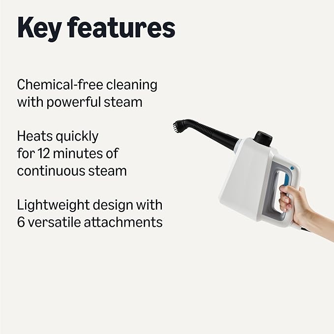 Amazon Basics Handheld Steam Cleaner for Home with 9 Accessories, Powerful 1000W Steam Shot, 8.5oz Tank, 12ft Cord, White