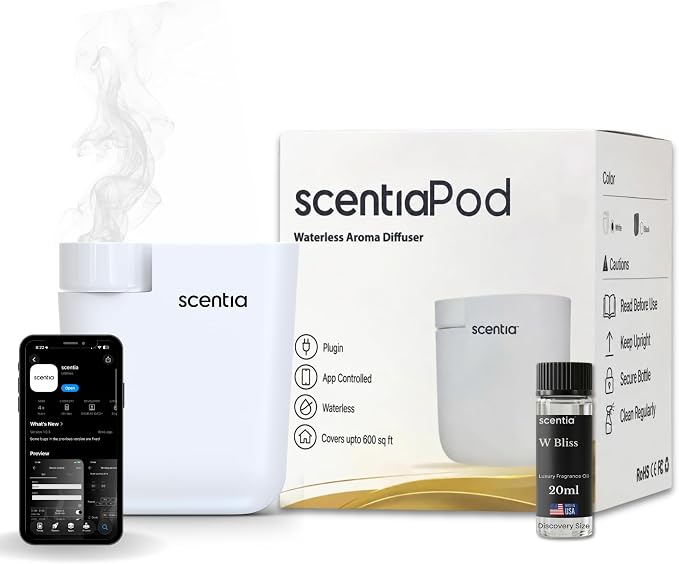 Scentia Waterless Plug-in Scent Diffuser with App Control, Cold-Air Fragrance Diffuser, 600 Sq Ft Coverage, Hotel-Inspired Essential Oil Included, Housewarming Gift – Scentia, White