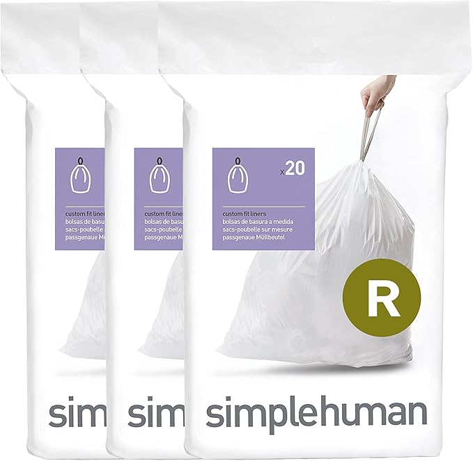 simplehuman CW0253 Code R, Custom Made Bin Liners, 3 x Pack of 20 (60 Bags), White Plastic