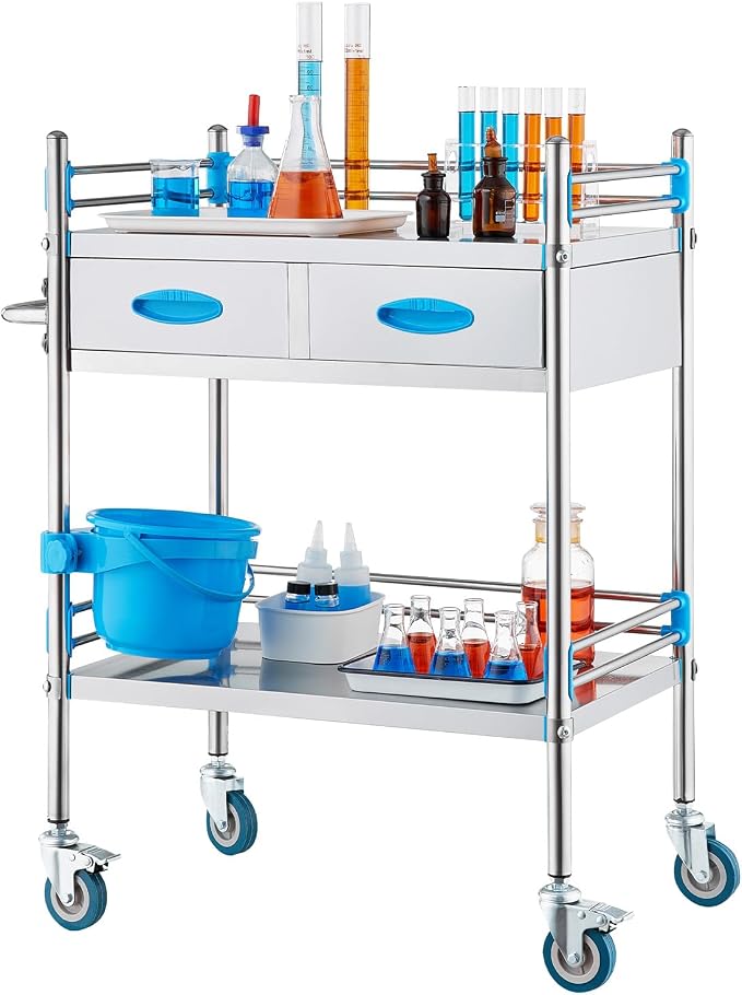 VEVOR Stainless Steel Utility Cart, 2 Layers with Two Lockable Wheels, Ideal for Laboratory, Hospital, Dental Use