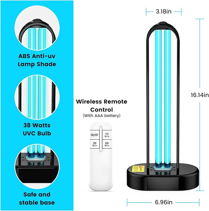2 Pack UV Light Sanitizer, Ultraviolet Lamp with Remote Control for Bed Bugs and Dust Mites, Home Disinfection Device UV Lamp for Home, Room & Kitchen, Ultraviolet Light with 3 Speed Timings