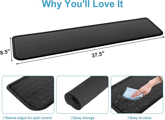 Refrigerator Mat, Washing Machine Spill Liner, Drip Tray and Leak Catcher Mat, Fridge Mat Prevent Water Leakage and Floor Damage from Elecrical Equipment Heavy Duty 37.5'' x 8.5'' Black