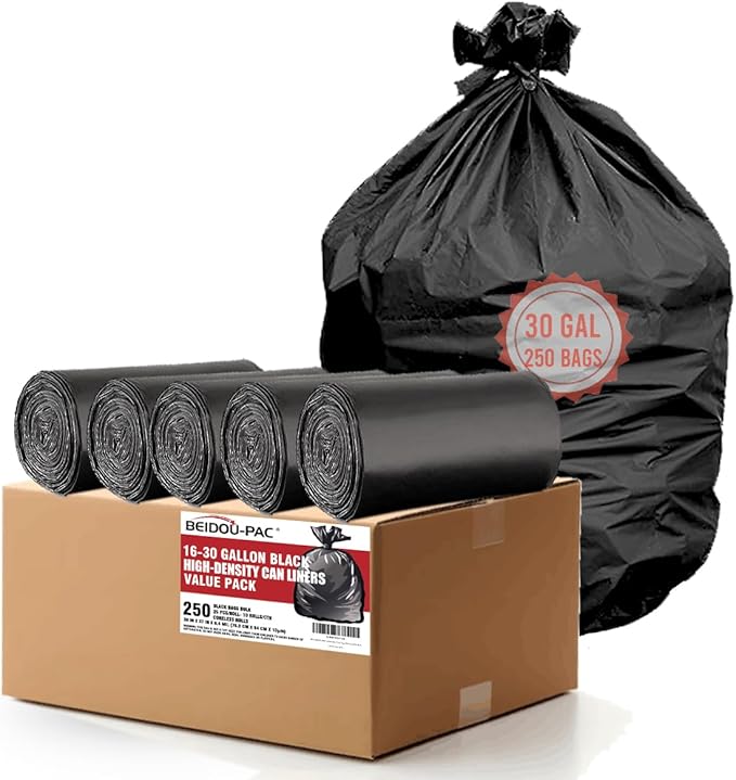 BEIDOU-PAC 30 Gallon Trash Bags, 250 Count Black Garbage bags, Multi-purpose Trash Can Bin Liners for Bathroom, Office, Industrial, Commercial, Janitorial, Municipal, Recycling