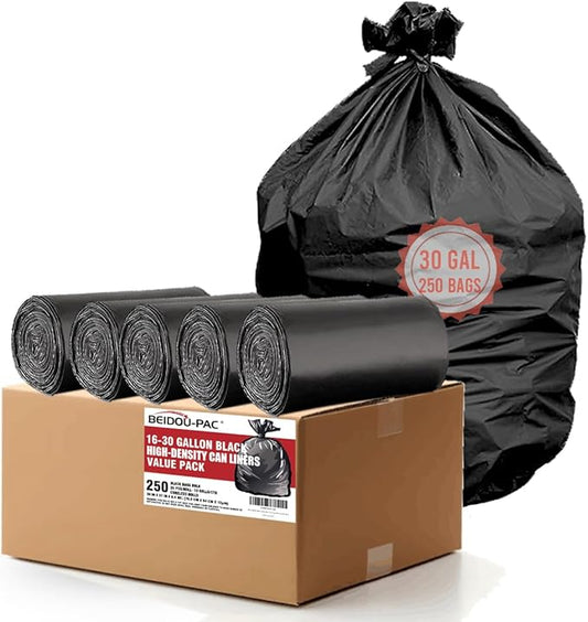 BEIDOU-PAC 30 Gallon Trash Bags, 250 Count Black Garbage bags, Multi-purpose Trash Can Bin Liners for Bathroom, Office, Industrial, Commercial, Janitorial, Municipal, Recycling