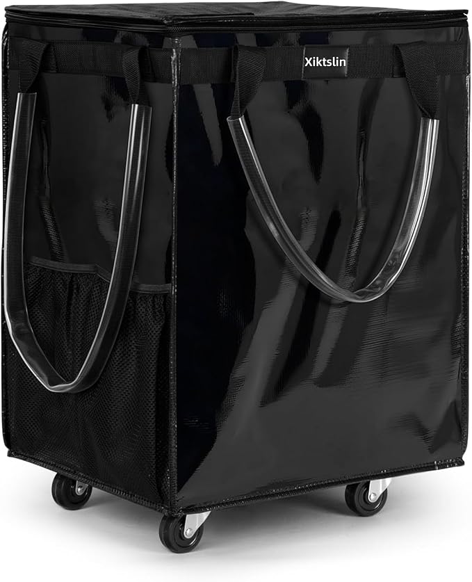 (Large, Black) Reusable Grocery Bag on 5 Wheels, Foldable Rolling Tote Carries Up to 110lb Shopping Trolley, Rolling Bag with 3 Handles, Zipper Clouser Rolling Tote Bag with Wheels for Laundry