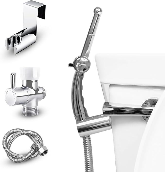 GenieBidet Sparkle Hand Held Bidet. Includes Hybrid T Adapter | Stainless Steel Toilet Hose Sprayer & Precision Knob/w Solid Brass Valve | Toilet Water Sprayer for All Toilets