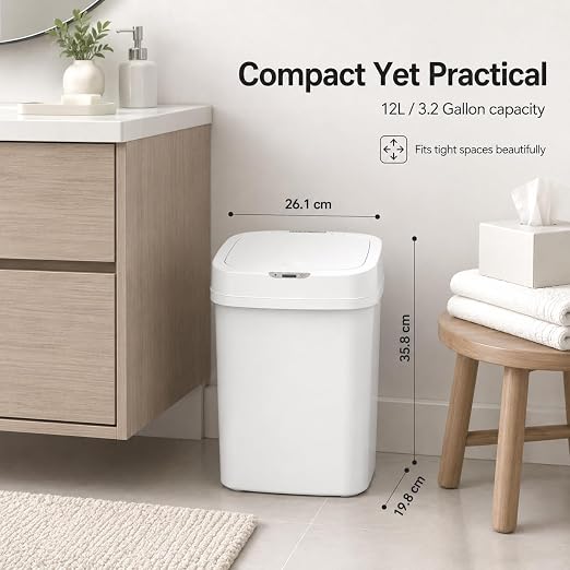 DZT-12-5S Smart Motion Sensor Trash Can 10.3 * 7.8 * 14.1inch | 0.3s Fast Opening, Auto Close & Touch-Free Operation for Home and Office (White)