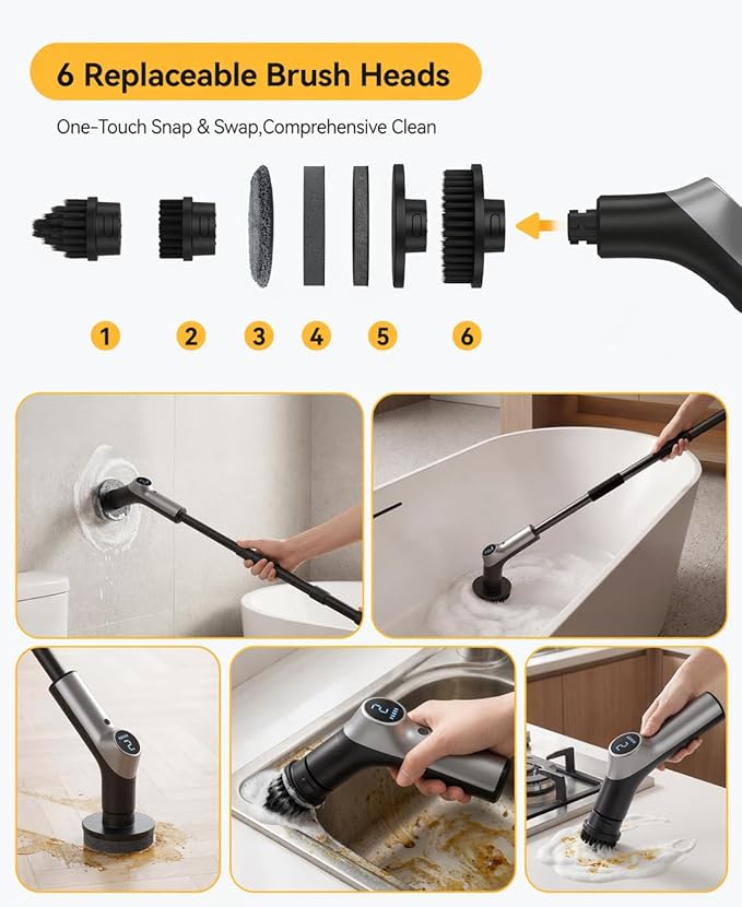Electric Spin Scrubber,Power Shower Scrubber with 6 Replaceable Brush Heads,120 Mins Runtime Cleaning Brush with Adjustable Extension Arm with 6 Additional Spong scouring Fiber pad