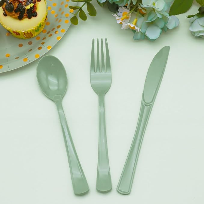 150 PCS Sage Green Plastic Silverware Heavy Duty Utensil Sets Include 50 Disposable Forks, 50 Knives, 50 Spoons for Birthday, Baby Shower, Picnic, Spring Party, Wedding
