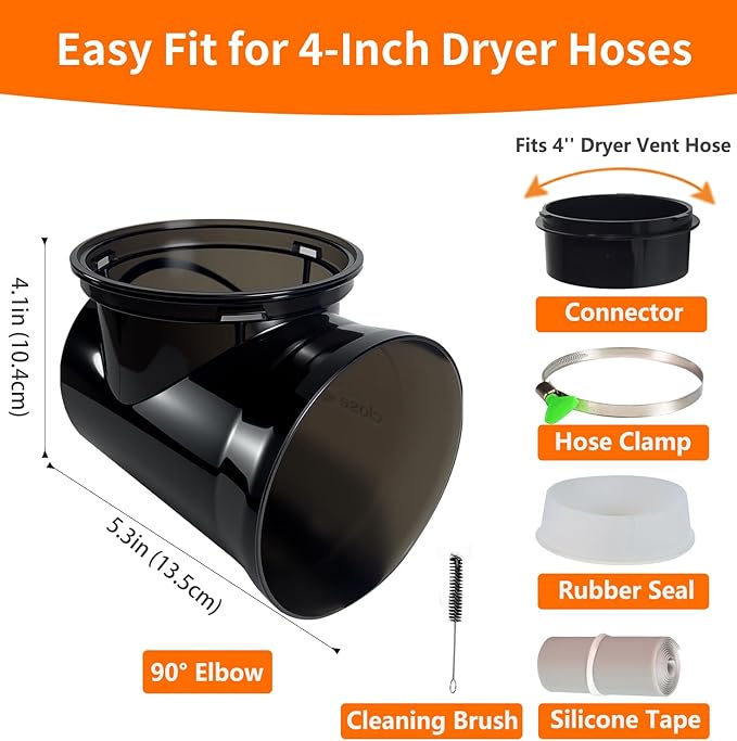 Dryer Vent Hose Connector Kit – 90 Degree Elbow for Tight Spaces, Transparent Black Upgrade, Fits 4” Aluminum & PVC Hoses, Better Than Magnetic Dryer Vent Connector