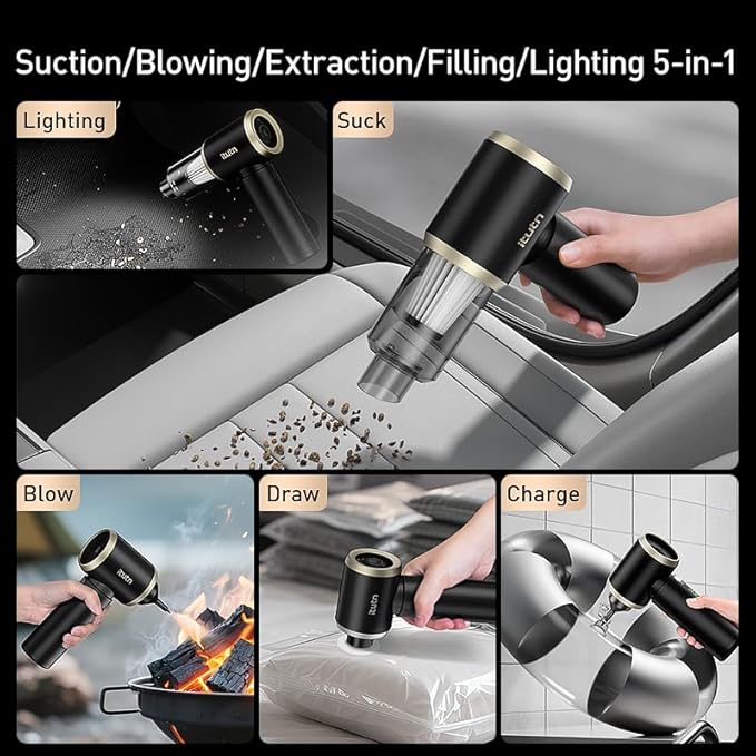 Car Vacuum Cordless Portable with LED Light, 18000PA Powerful Suction, 5-in-1 Mini Vacuum Cleaner & Air Duster/Blower, Dual HEPA Filter, Y8-Max Top for Car, Home, Office, Keyboard, Pet Hair