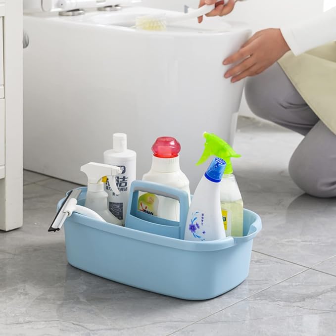JiatuA Large Cleaning Supplies Organizer with Handle Portable Shower Caddy Basket Plastic Bucket Tool Storage for Bathroom, Bedroom, Kitchen, College Dorm, Under Sink, Garden, Blue & Light Grey