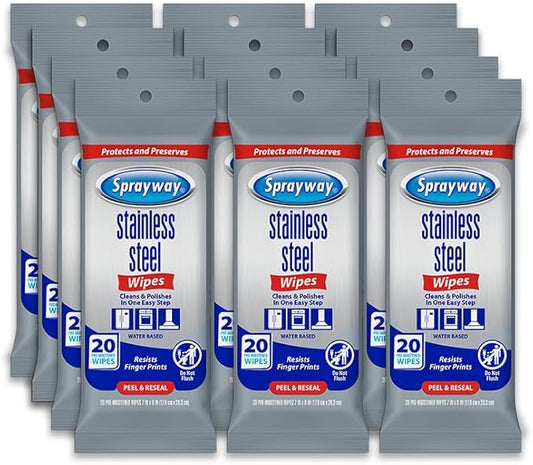 Sprayway Stainless Steel Wipes (Water-Based), 20ct, Pack of 12 | Pre-Moistened, Streak-Free Formula | Cleans Stainless Steel, Brass, Silver, Chrome, Copper | Removes Smudges, Stains, Fingerprints