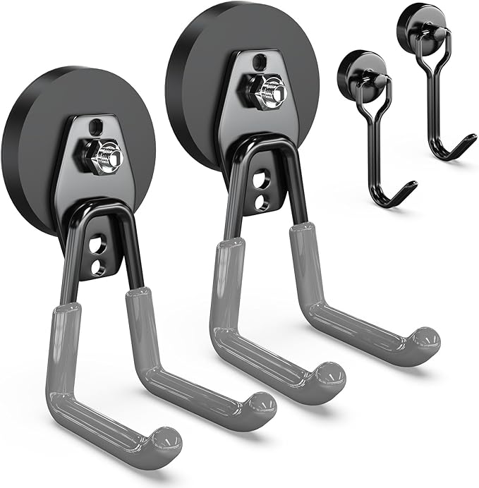 3-H Extra Strong Magnetic Hooks,Heavy Duty Large Anti-Slip Magnet Hooks,No-Drill Tool Holder for Garage,Power Drill,Garden Tools,Hose Storage,2 Pack Gray