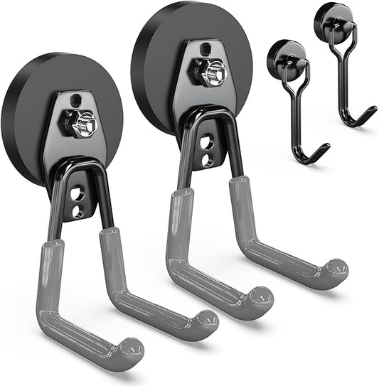 3-H Extra Strong Magnetic Hooks,Heavy Duty Large Anti-Slip Magnet Hooks,No-Drill Tool Holder for Garage,Power Drill,Garden Tools,Hose Storage,2 Pack Gray