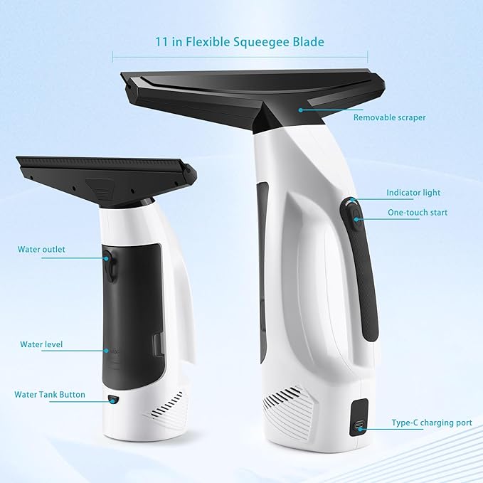 Window Vacuum Squeegee Cordless, 2000Pa Electric Window Vacuum Cleaner with 200ML Water Tank, Rechargeable Electric Squeegee for Windows, Tiles, Mirrors, Showers, Glass, 2200mA