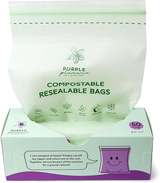 100% Compostable Resealable Food Storage Bags (50 Eco Zip), Biobased, Leak-Proof and Freezer-Safe, Extra Strong & Durable, (Quart Size) | Biobased, Leak-Proof, Durable, Freezer-Safe, Extra Strong