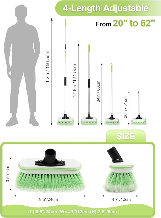 Boat Brush Telescoping Handle 4 Section Marine Scrub Extendable 20" to 62" Metal Connector Deck Auto Window Wall Floor Cleaning Heavy Duty 9.5" x 4.7"x3.5" Head