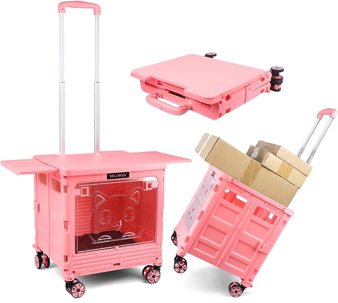 FELICON SELORSS Folding Utility Cart Portable Rolling Crate Handcart on Rotate Wheels with Magnetic Sliding Lid Telescoping Handle Lockable Transparent Front Panel for Travel Shop Office Teacher(Pink)
