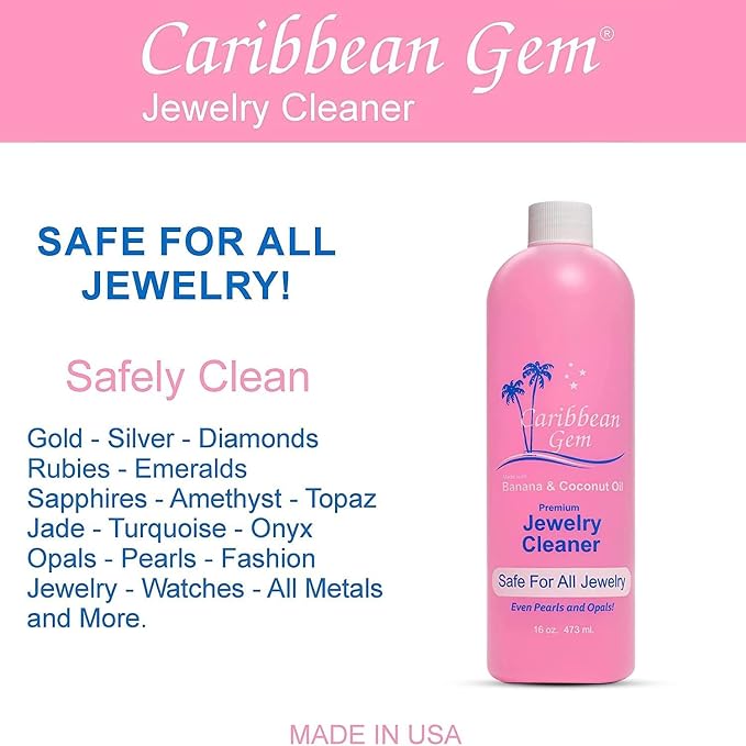 Caribbean Gem USA All Natural Banana & Coconut Oil Jewelry Cleaner with Polishing Cloth, For Gold, Silver and Precious Gems, Ammonia Free, Hypoallergenic Jewelry Cleaning Solution (16oz)