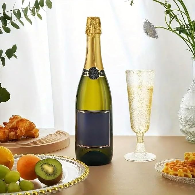 50 Pack Plastic Champagne Flutes 5.5oz Gold Glitter Disposable Suitable for Wedding, Birthday Party, Thanksgiving Day, Christmas Supplies