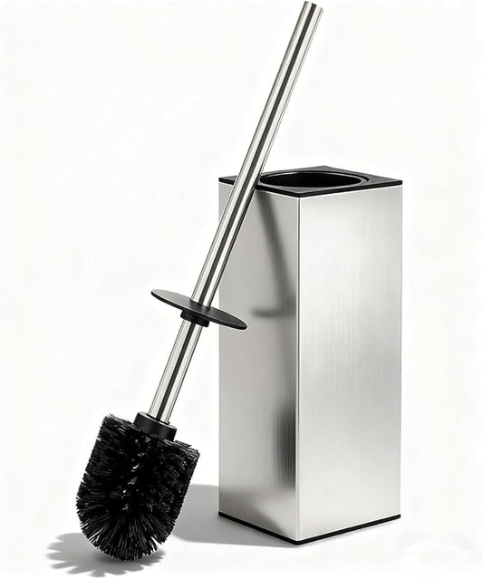 Toilet Brush and Holder Set, NEWRAIN Stainless Steel Toilet Brush with Long Brush Handle, Brushed Nickel Toilet Scrubber and Covered Holder, Square Design Sturdy and Space Saving, Covered Brush