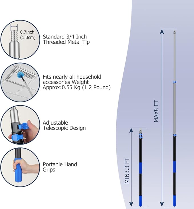 3.3-8 FT Telescopic Extension Pole | Adjustable Aluminum Paint Roller Pole | Universal Twist-On Metal Tip | Sturdy Multi-Purpose Household Tool for Dusting, Painting & High House Cleaning