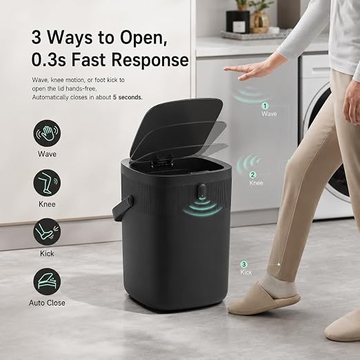 WM-DZT-12-36S Smart Motion Sensor Trash Can, Ultra-Quiet Soft-Close | Long Battery Life | Built-in Bag Storage & Portable PU Handle (Black)