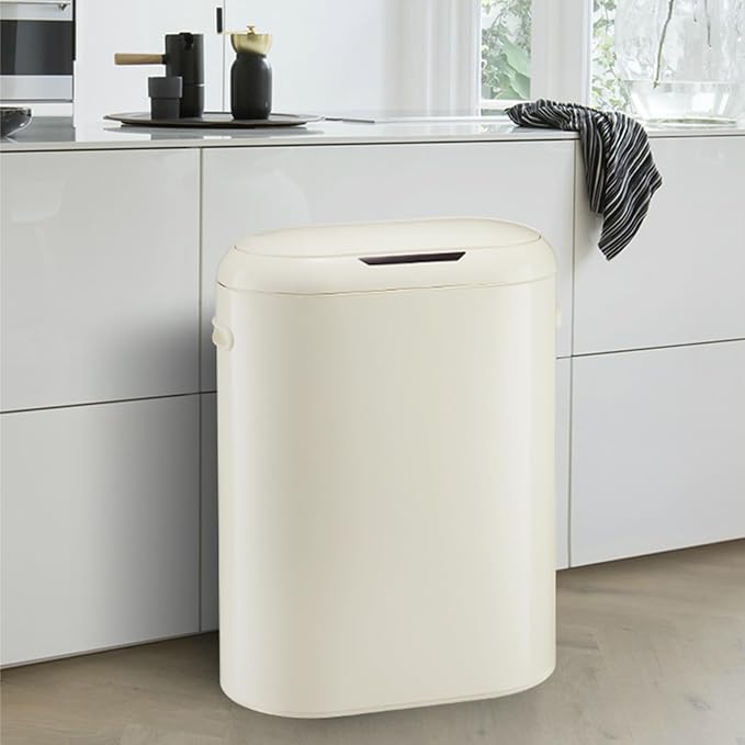 Takywep 13 Gallon Automatic Sensor Kitchen Trash Can, Kitchen Trash Can with Lid, Sensor-Activated Lid Garbage Bin Without Inner Bucket for Home, Office, Battery not Included, Cream White