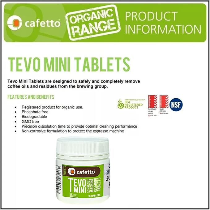 Cafetto Tevo Tablets Mini 1.5g 100 Tablets for manual and semi automatic espresso machines. Compatible with Breville, Sage, Gaggia, Rancilio, Rocket, ECM, Profitec, Lelit.