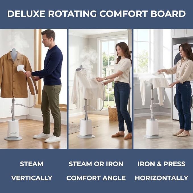 SALAV Standing Garment Steamer w/Smart Auto-Off, 1500W Powerful Steam, Adjustable Ironing Board, 6 Steam Settings for Various Fabric Types, LED Display, Fast Wrinkle Removal for Home & Business Use