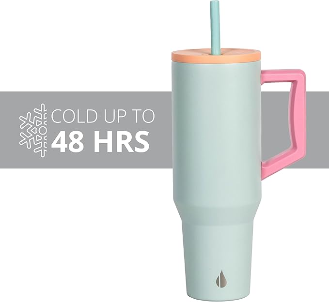 Elemental 40 oz Tumbler with Handle and Straw - Spill Proof Insulated Stainless Steel Commuter for Cold Beverages - Travel Coffee Mug with 2 Straws & Spill Proof Lid - 40oz - Mint Sorbet