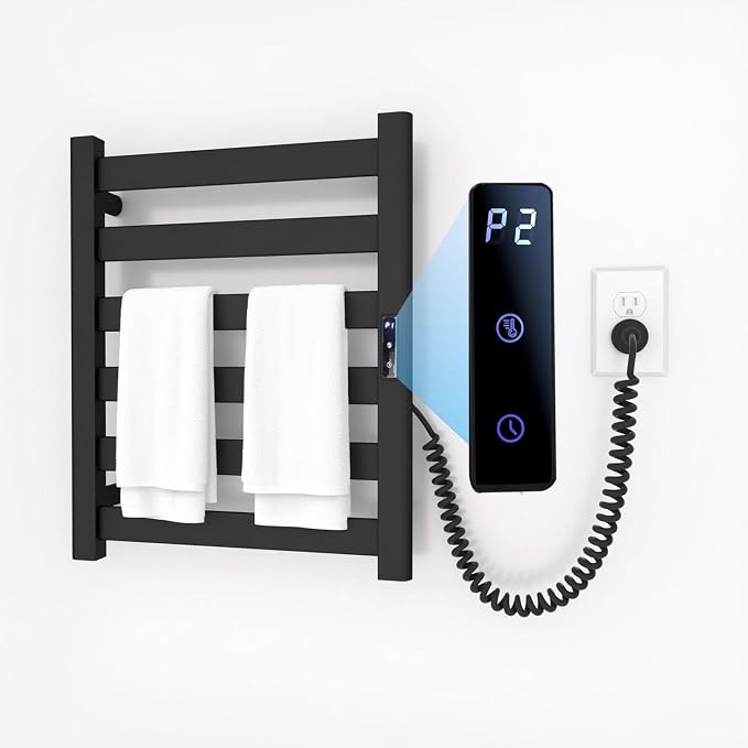 6-Bar Wall Mounted Towel Warmer Rack, Electric Heated Towel Rack for Bathroom, Fast Heating & Constant Temperature, Built-in Timer & Adjustable Temp, Plug-in, Matte Black