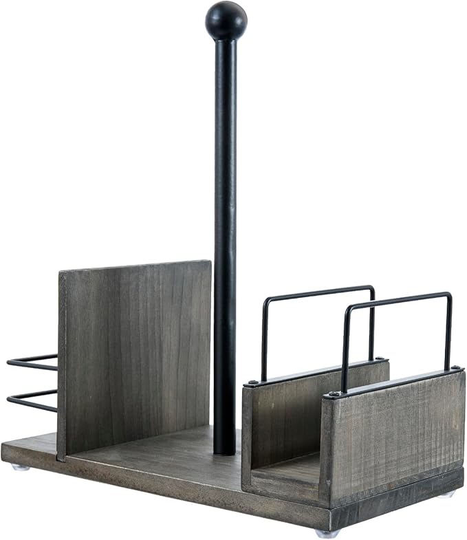 MyGift Rustic Paper Towel Holder & Napkin Holder Set – Wooden Countertop Kitchen Caddy with Spice Rack (Matte Black Industrial Style)