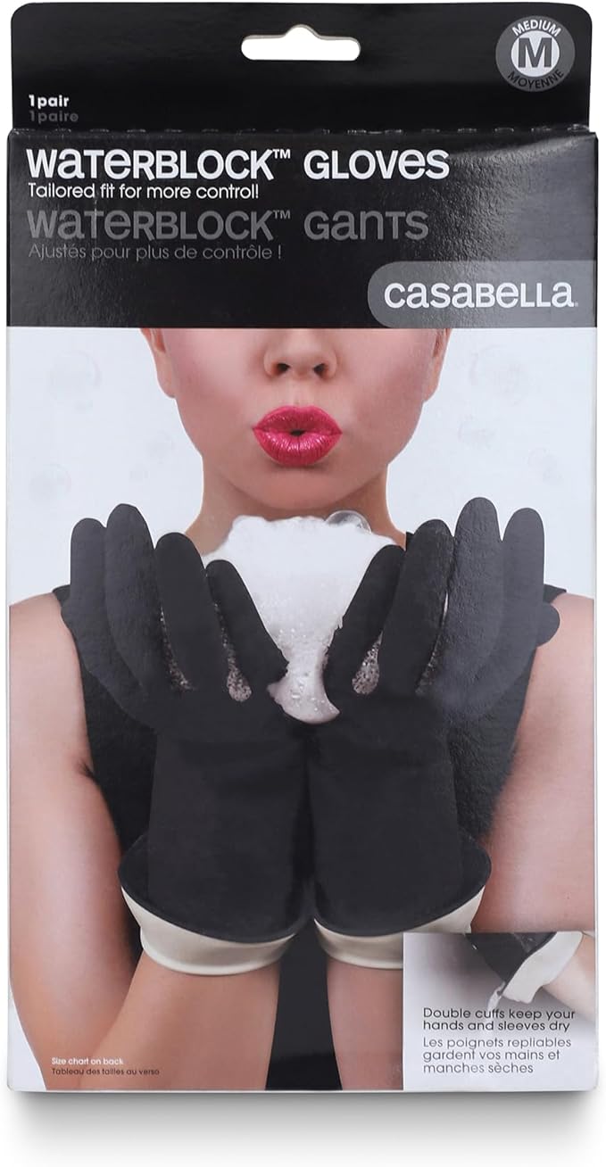 Casabella Premium Waterblock Latex Cleaning Gloves with Tapered Fit & Double Cuff, Breathable - Black - 6 Pack