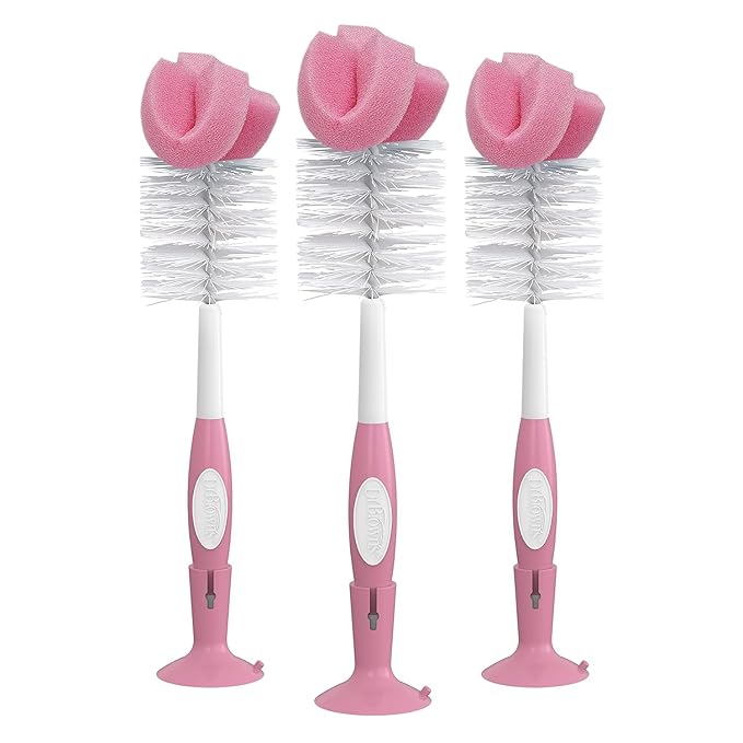 Dr. Brown's Baby Bottle Drying Tower, Stand-Up Drying Rack with Reusable Sponge Baby Bottle Cleaning Brush Set, 3-Pack, Pink