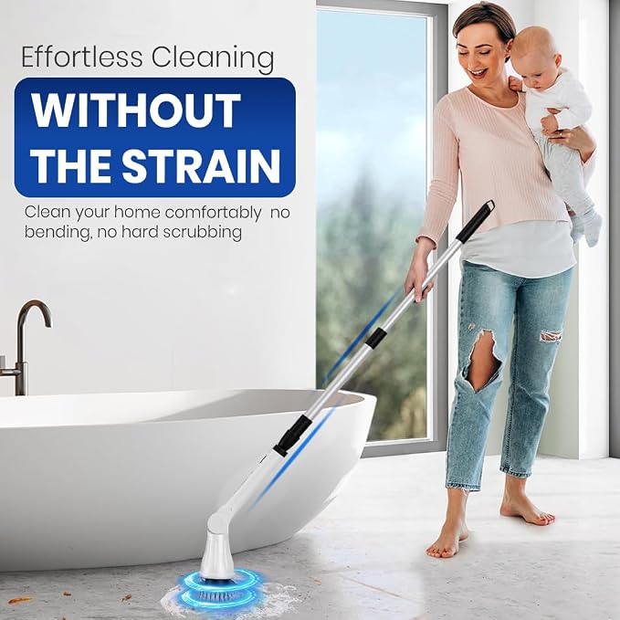 Electric Spin Scrubber – 8-in-1 Cordless Power Scrubber with 8 Brush Heads & Extendable Handle – Rechargeable Cleaning Brush for Bathroom, Shower, Tile, Grout, Tub & Floor