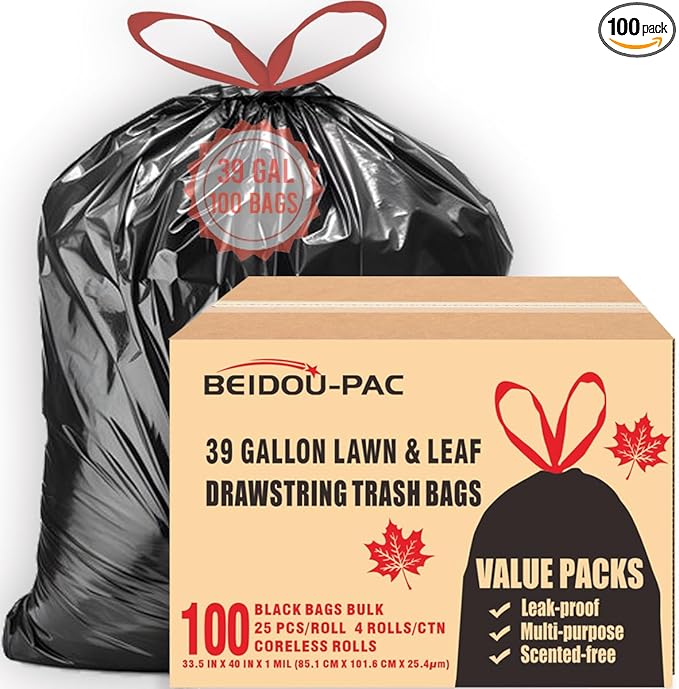 BEIDOU-PAC 39 Gallon Lawn & Leaf Trash Bags Drawstring, 100 Count, Heavy Duty Black & Unscented Plastic Bags, Multi-purpose Garbage Bags for Home Commercial, Outdoor, Construction, Industrial
