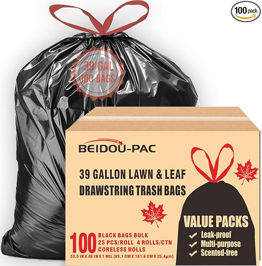BEIDOU-PAC 39 Gallon Lawn & Leaf Trash Bags Drawstring, 100 Count, Heavy Duty Black & Unscented Plastic Bags, Multi-purpose Garbage Bags for Home Commercial, Outdoor, Construction, Industrial