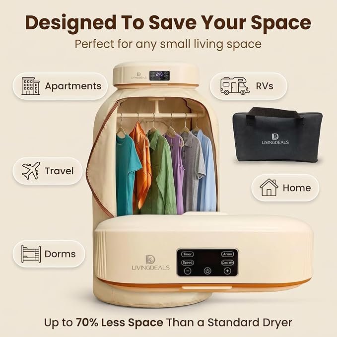 Portable Clothes Dryer for Travel – Compact Foldable Electric Drying Machine with Dry Bag & Timer – Fast-Drying for Apartments, RV, Dorm – Clothes, Underwear, Socks – Quiet & Energy Efficient