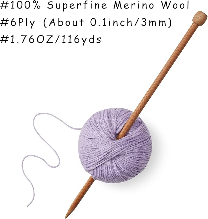 100% Merino Wool Yarn, 6-Ply Luxurious and Soft Yarn for Hand Knitting & Crocheting, 1.76 OZ/50g, 127 yds/116 Meters (Purple, 3 Balls)