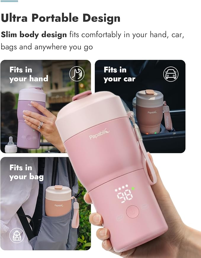 Papablic Portable Bottle Warmer Pro for Travel – Fast Heating, Built-in Sterilizer, 30W Fast Charge, 5-Temp Control, Easy-Clean Wide Mouth, Baby Milk Warmer for Breastmilk & Formula, Sakura Pink