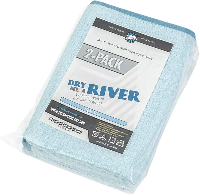 The Rag Company Dry Me A River, Professional Korean 70/30 Blend Microfiber Waffle-Weave Drying & Detailing Towels, Soft Suede Edges, 390 GSM, 20x40 Inches, Light Blue, 2-Pack